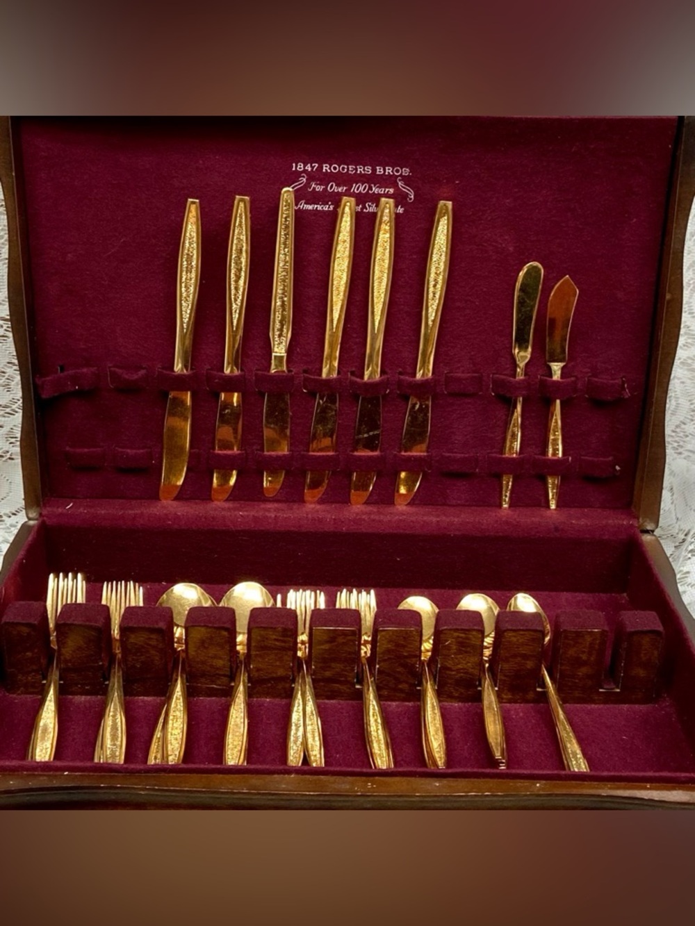 Vintage, 34-pc Custom Design Gold Plated Flatware for 6 with Wooden Case-Box